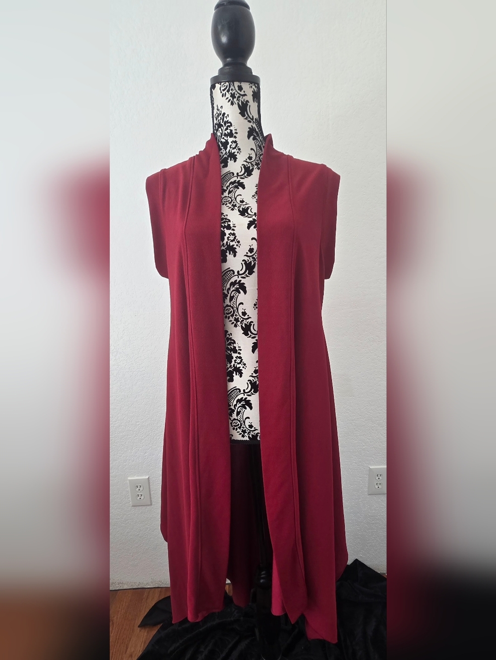 Sleeveless Open Front Long Vest - Wine Red